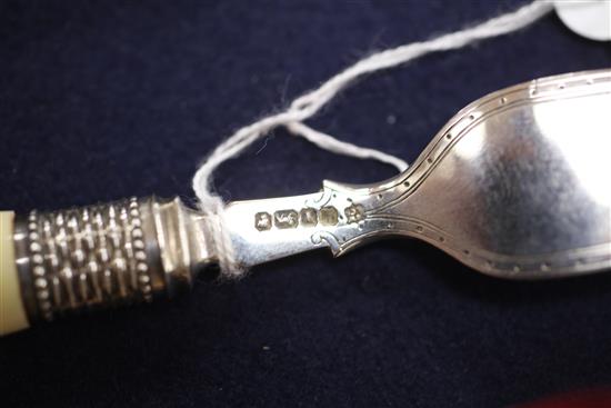 A cased small pair of Victorian carved ivory handled and silver fish servers, knife 9.75in.